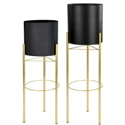 Vases & Pots*Attitudes Import 2 Black Pot On Golden Stand